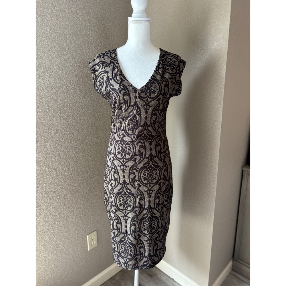 Papermoon Stitch Fix Womens Medium Black Gold Metallic Damask Cap Sleeve Dress